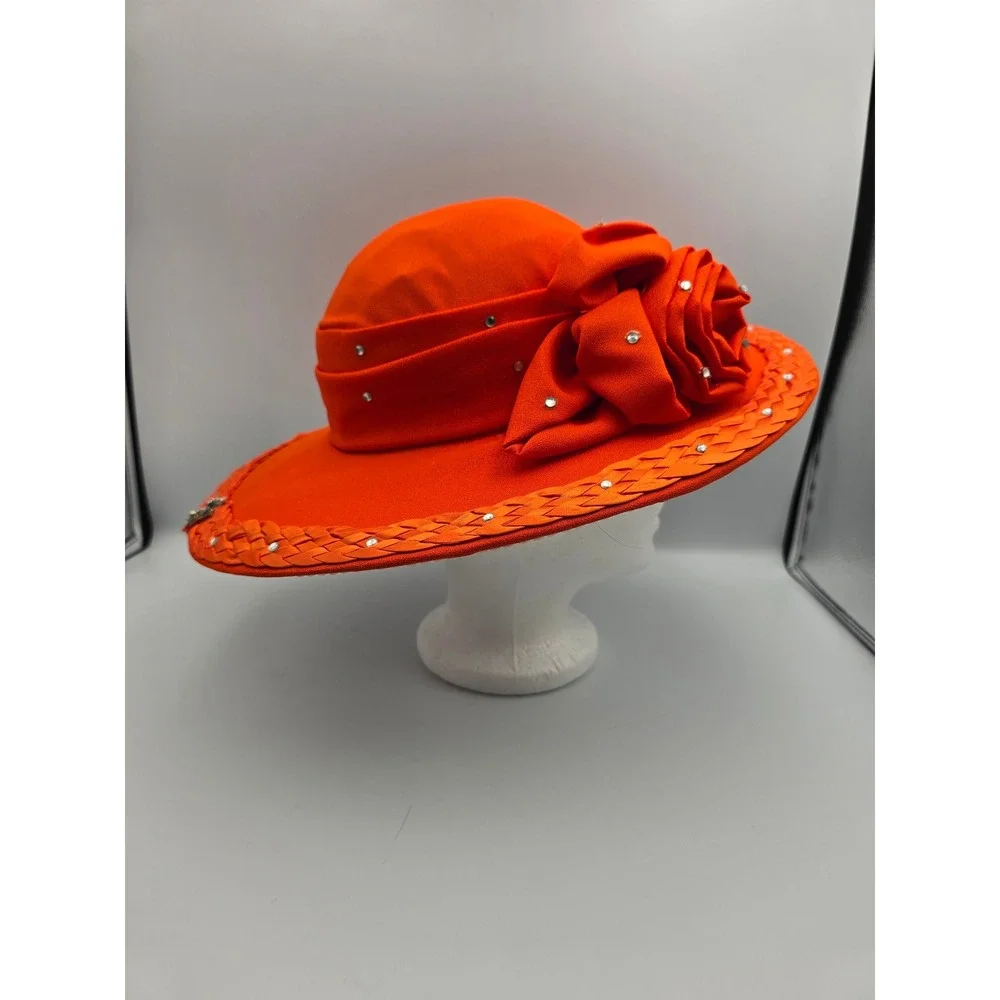 Unbranded Wide Brim Dress Hat Women Orange Good Floral Rhinestone Kentucky Derby
